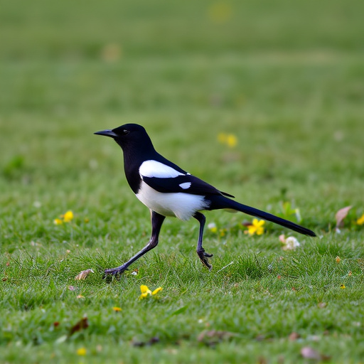 Magpie strutting across grassy lawn