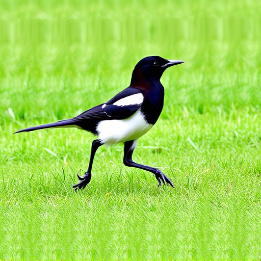 Magpie strutting across grassy lawn