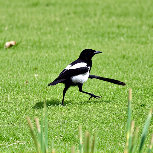 Magpie strutting across grassy lawn