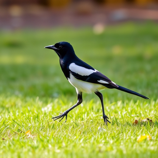 Magpie strutting across grassy lawn