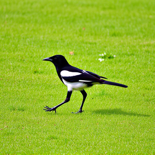 Magpie strutting across grassy lawn