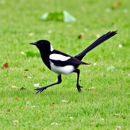 Magpie strutting across grassy lawn
