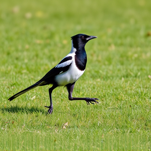 Magpie strutting across grassy lawn