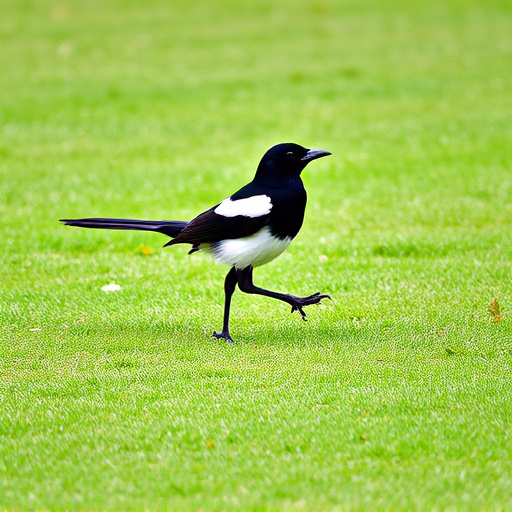 Magpie strutting across grassy lawn