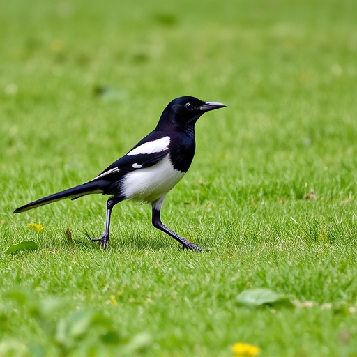Magpie strutting across grassy lawn