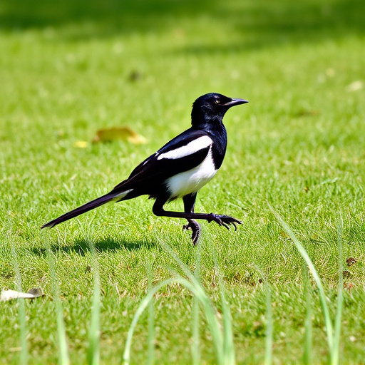 Magpie strutting across grassy lawn