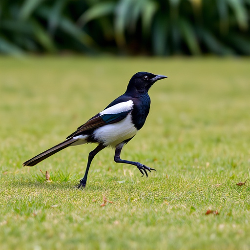 Magpie strutting across grassy lawn