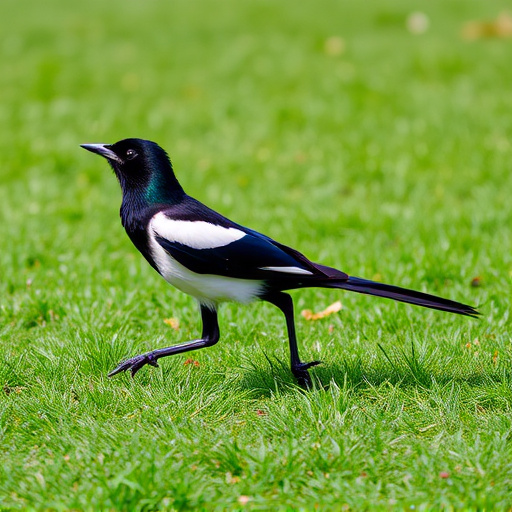 Magpie strutting across grassy lawn