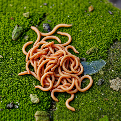 Mealworms scattered on mossy stone perch