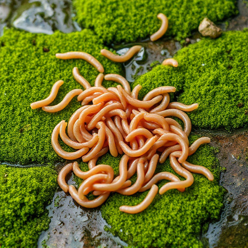 Mealworms scattered on mossy stone perch