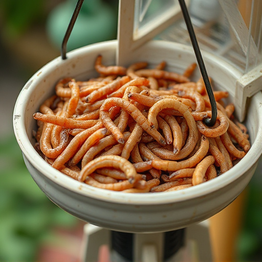 Mealworms served in low bird feeder