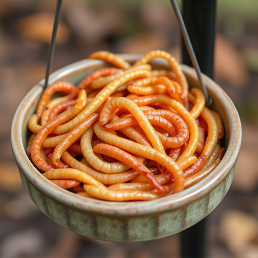 Mealworms served in low bird feeder