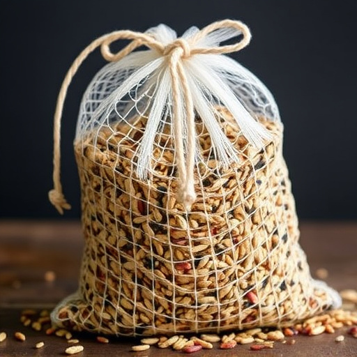 Mesh bag filled with birdseed mix