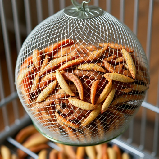 Mesh cage feeder filled with mealworms