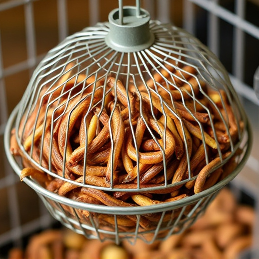 Mesh cage feeder filled with mealworms