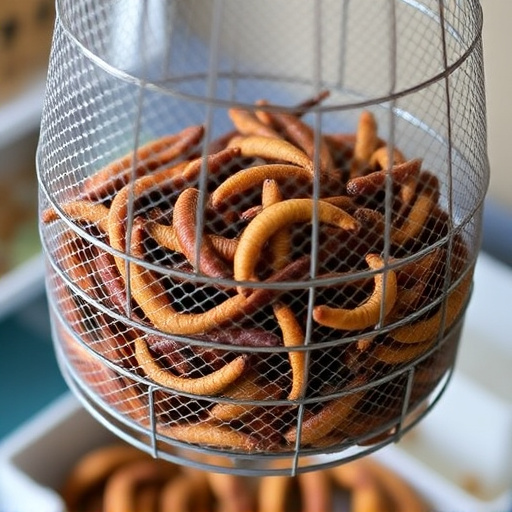 Mesh cage feeder filled with mealworms