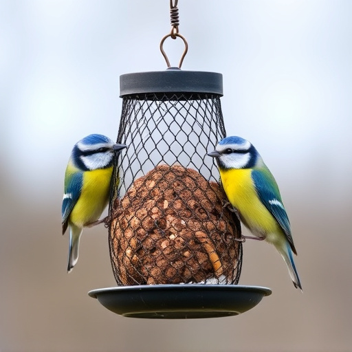 Mesh fat ball feeder with blue tits