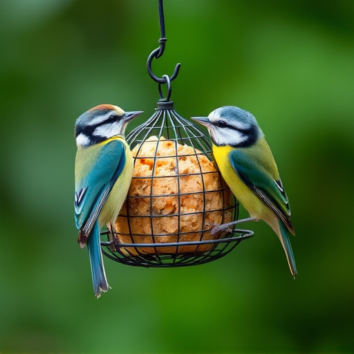 Mesh fat ball feeder with blue tits
