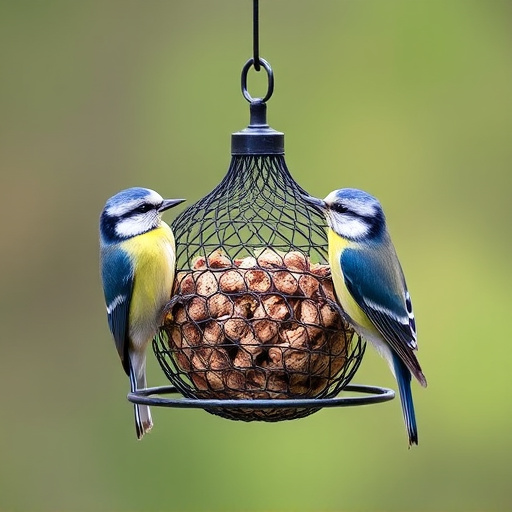 Mesh fat ball feeder with blue tits