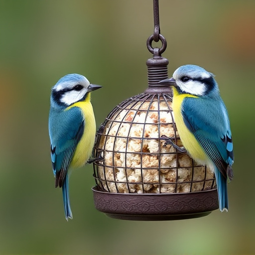 Mesh fat ball feeder with blue tits