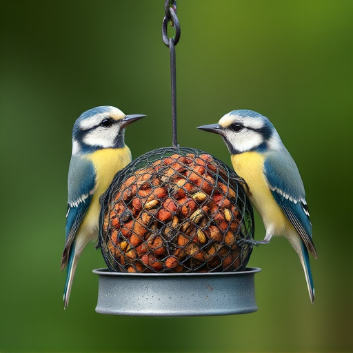 Mesh fat ball feeder with blue tits