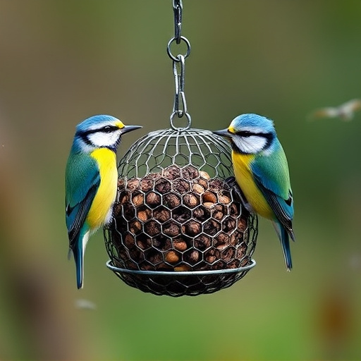 Mesh fat ball feeder with blue tits