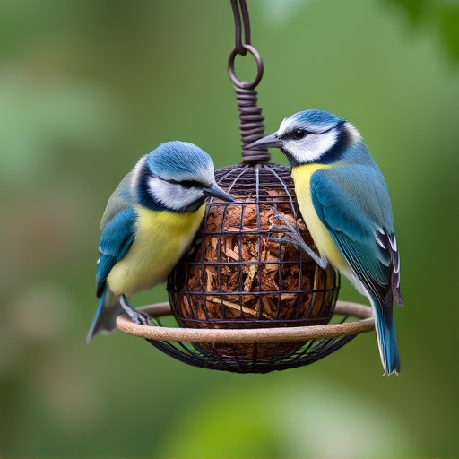 Mesh fat ball feeder with blue tits