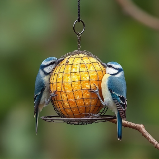 Mesh fat ball feeder with blue tits