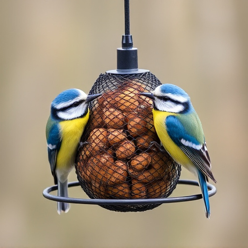 Mesh fat ball feeder with blue tits