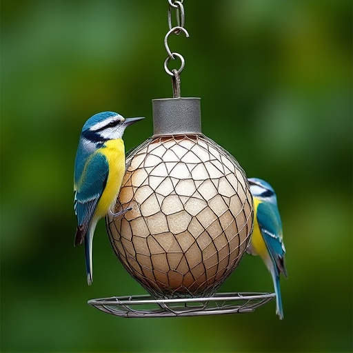 Mesh fat ball feeder with blue tits