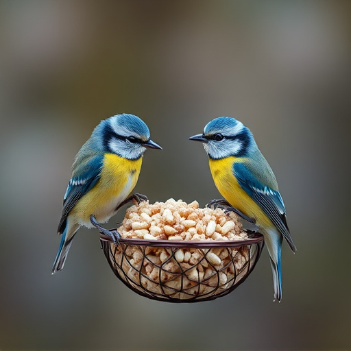 Mesh fat ball feeder with blue tits