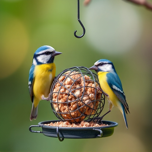 Mesh fat ball feeder with blue tits