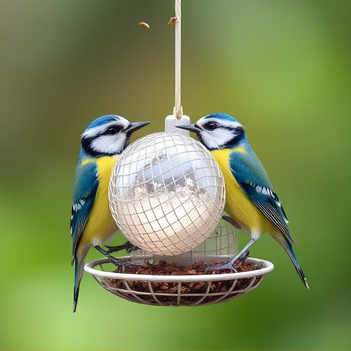 Mesh fat ball feeder with blue tits