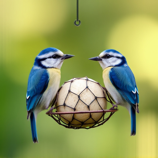 Mesh fat ball feeder with blue tits