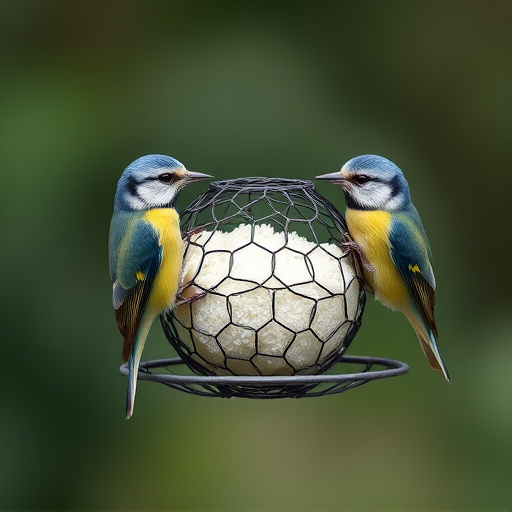 Mesh fat ball feeder with blue tits