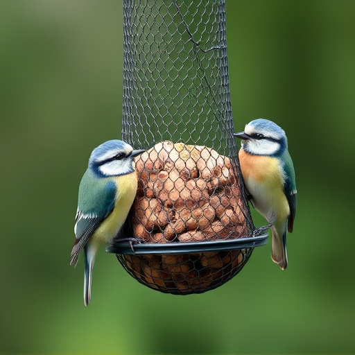 Mesh fat ball feeder with blue tits