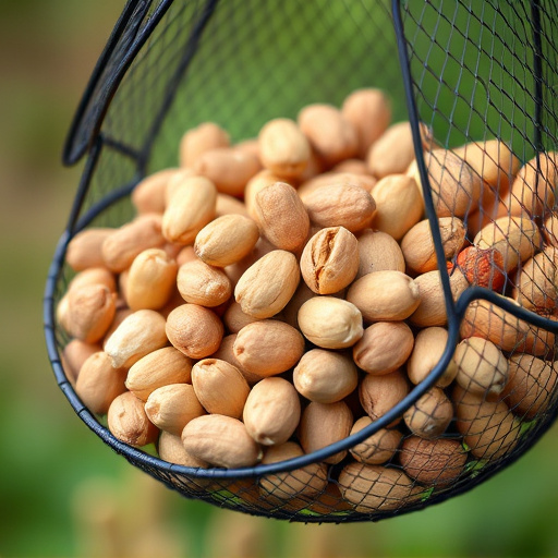 Mesh feeder filled with whole peanuts