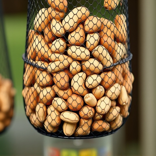 Mesh feeder filled with whole peanuts