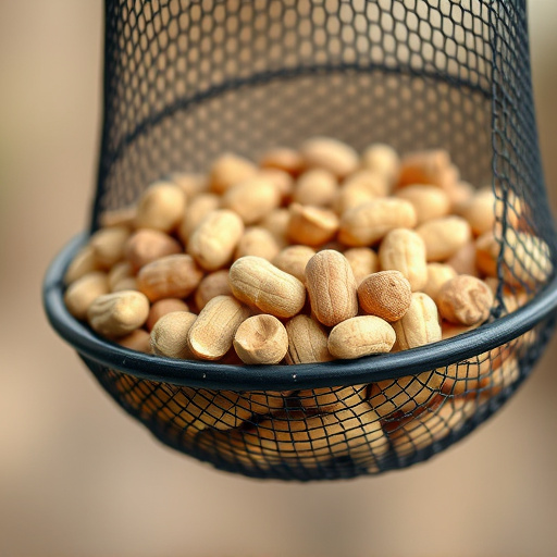 Mesh feeder filled with whole peanuts