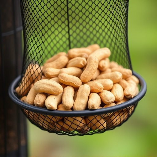 Mesh feeder filled with whole peanuts