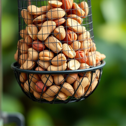 Mesh feeder filled with whole peanuts