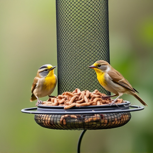 Mesh feeder with wrens and mealworms