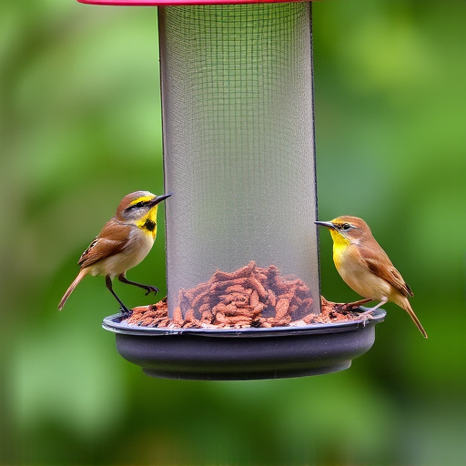 Mesh feeder with wrens and mealworms