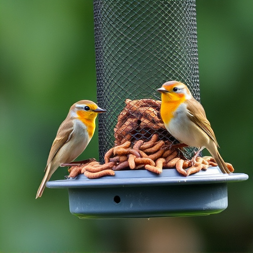 Mesh feeder with wrens and mealworms