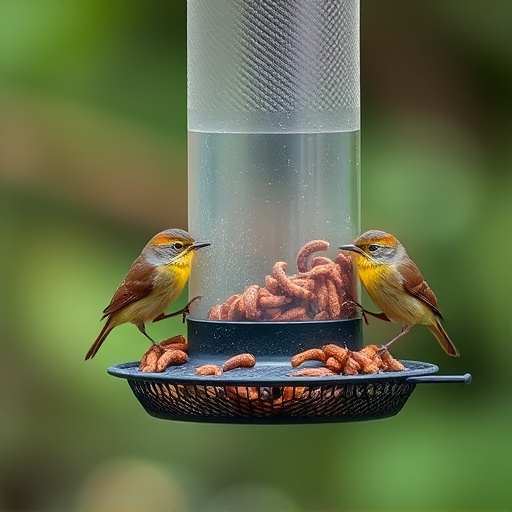 Mesh feeder with wrens and mealworms