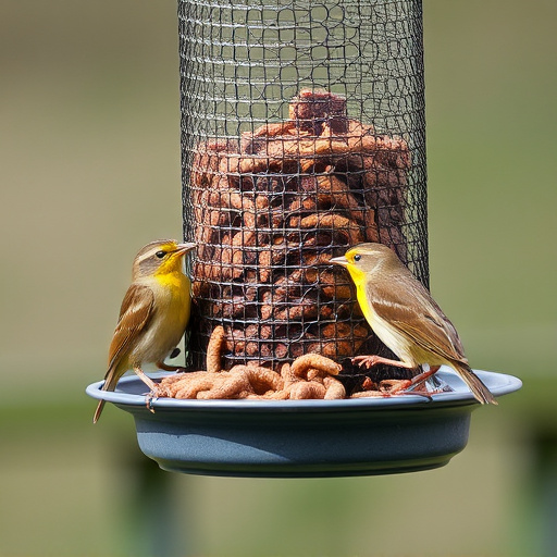 Mesh feeder with wrens and mealworms