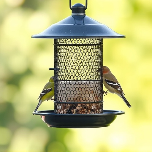 Metal mesh bird feeder with small birds