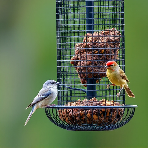 Metal mesh bird feeder with small birds