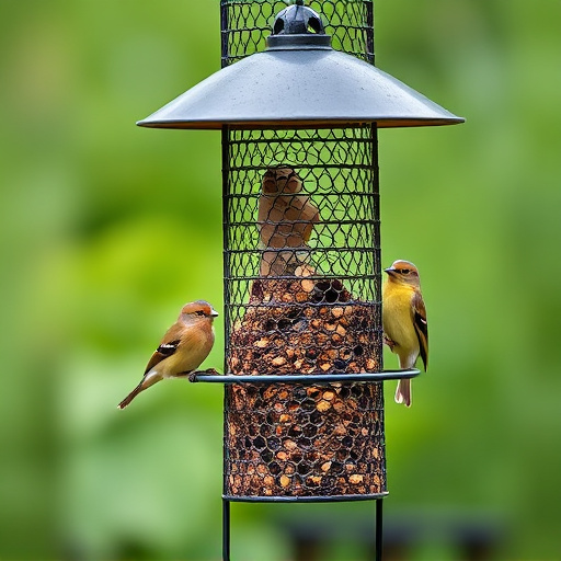 Metal mesh bird feeder with small birds