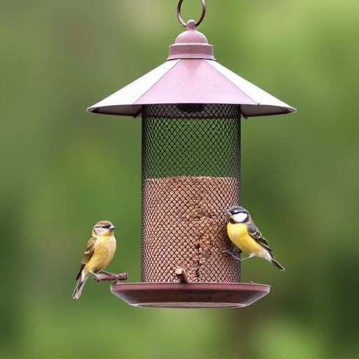 Metal mesh bird feeder with small birds